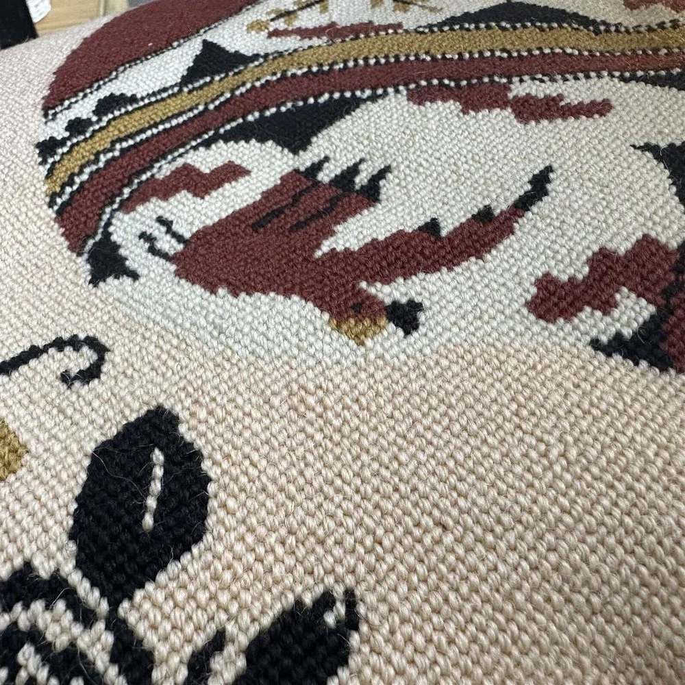 Throw Pillow Crewel Southwestern Kilim Pottery Hand Made Brown Bird Flower